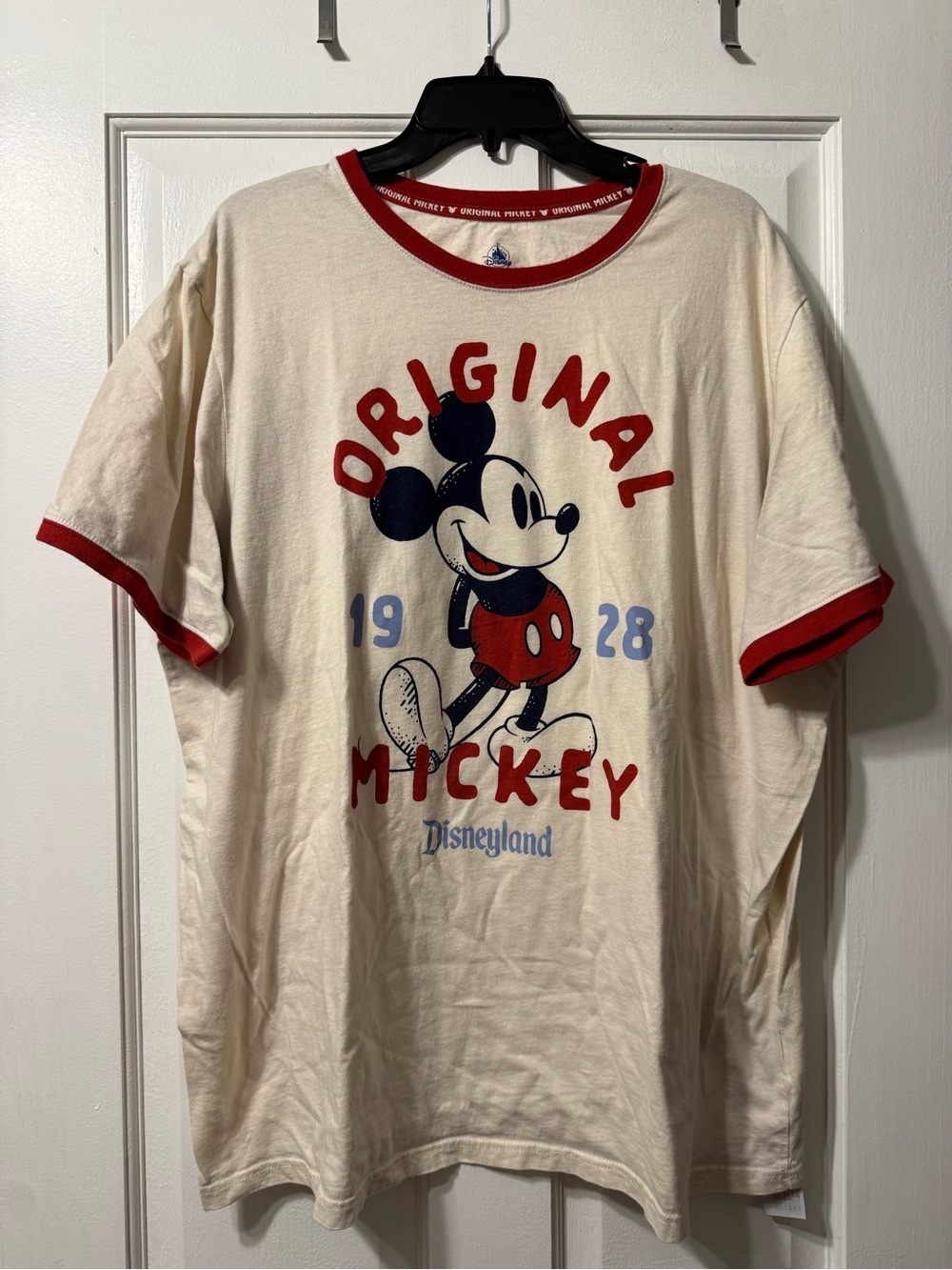 Disney Cream Short Sleeve Ringer Tee with Red Trim and Vintage Mickey. Size XXL